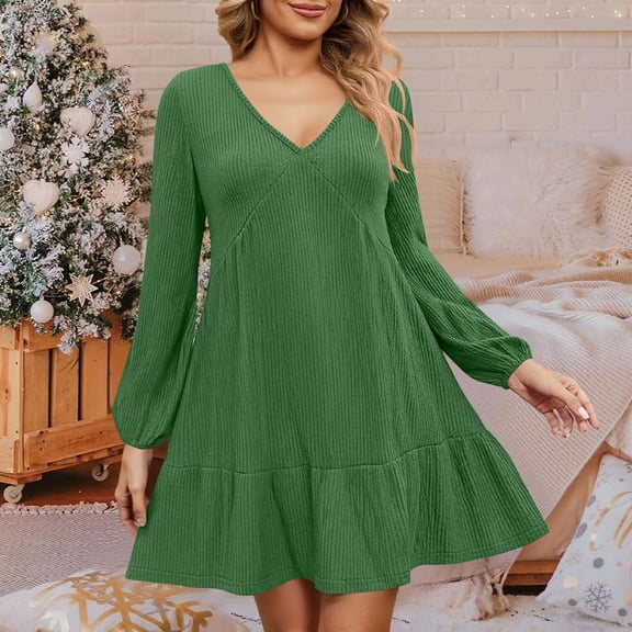 Muscularfit Elegant Womens Spring Dresses Ribbed Casual Ruffle Long Sleeve Midi Popover V-Neck Fashion Clothes