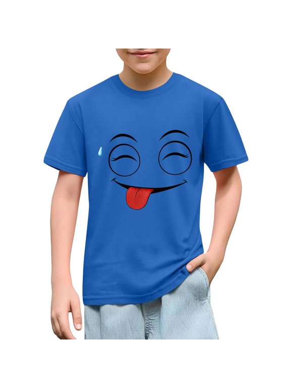 Embossed Boys' Tops, Tees & Shirts Cocoon Cotton Relaxed Fit Cute Shirts for Teens Tshirt Short Sleeve Pull-On Crew Neck Blue Graphic Tees Second Grade Shirt,4 Years
