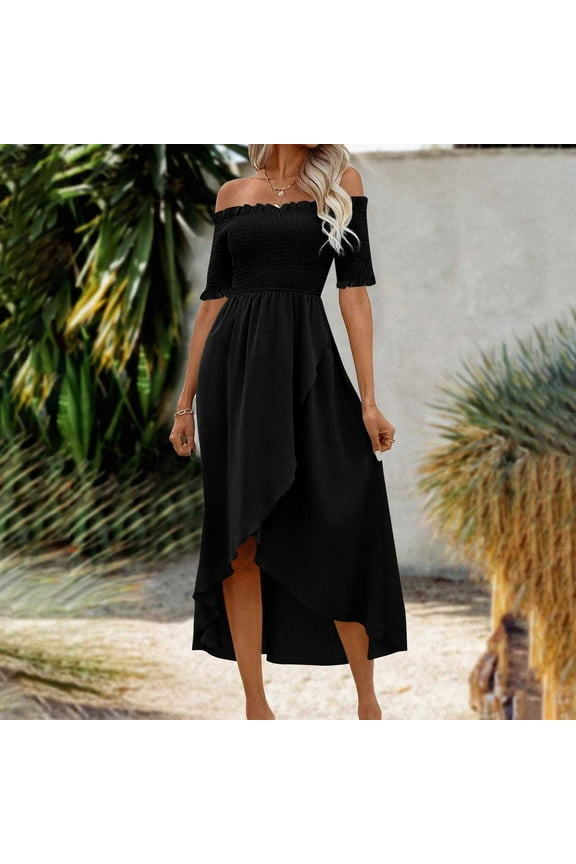 Fall Dresses for Women Flowy Fitted Dress Short Sleeve Midi Fit & Flare Boat Neck Going Out Dress