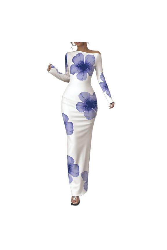 Floral Womens 2026 Sexy Dressy Fitted Gown Maxi Boat Neck Long Sleeve Bodycon Womens Dress 2026