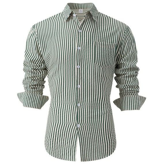 Muscularfit French Cuff Dress Shirts for Men Striped Green Pocket T-Shirt Collared Pullover Long Sleeve Tshirt Club Tops,XL