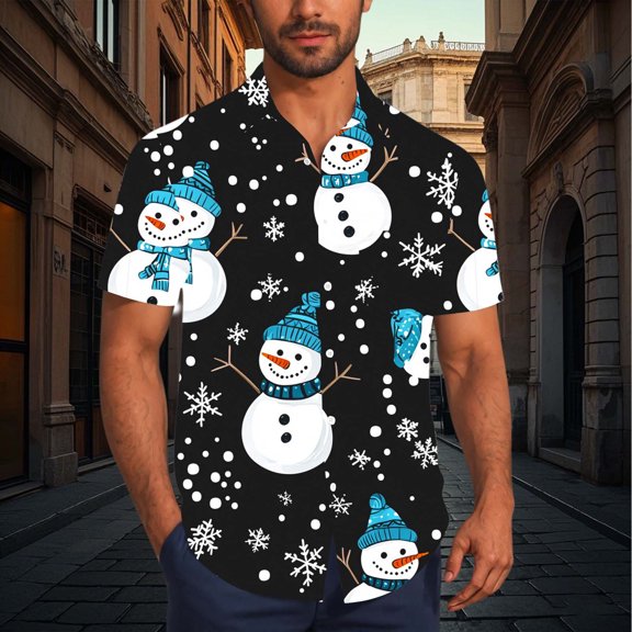 Muscularfit Funny Shirts Christmas Graphic Light Blue Men Shirts Collared Short Sleeve Button Up Shirt,L