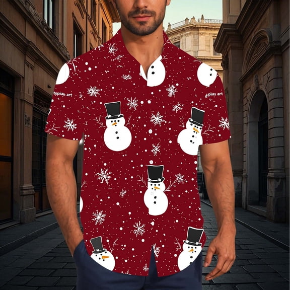 Muscularfit Funny T-Shirt for Men Red Christmas Graphic Tops Collared Short Sleeve Button Up Fall Tshirt,M