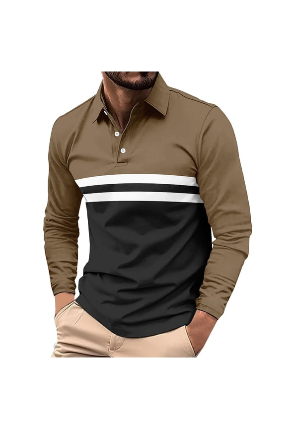Golf Polo Shirts Striped Brown Oversized Dress Shirt Men Pullover Long Sleeve Tshirts Collared Men Shirt,XL