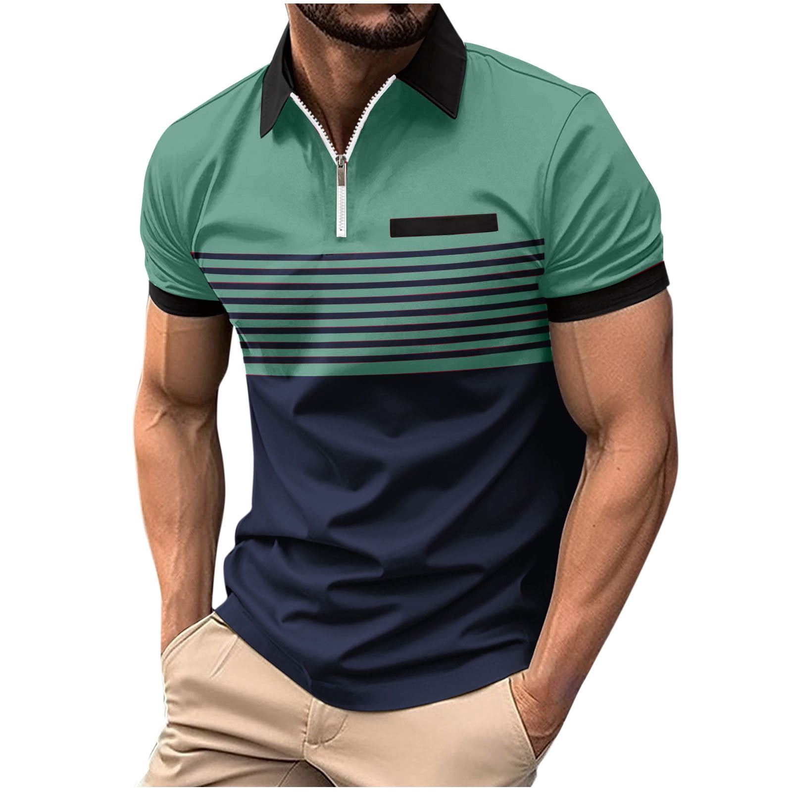 Muscularfit Green Workout Tops for Men Short Sleeve Collared Striped 1/ ...