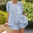 thumbnail image 1 of Muscularfit Gym Matching Summer Sets Gingham Set Blouse Women Lounge Set Set Short Sleeve Crew Neck Blue Women Outfits Sets, 1 of 7