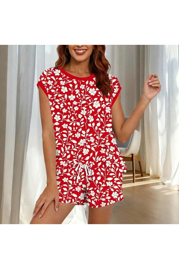 Gym Summer Matching Sets Raglan Pj Sets Beach Loungewear Sets T-Shirt Red Crew Neck Short Sleeve Women Sets
