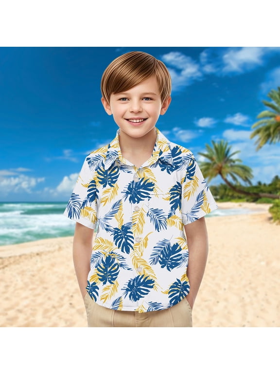 Hawaiian Shirt Boys' Tops, Tees & Shirts Cocoon Button Down Shirt Embossed Relaxed Fit T Shirts Short Sleeve Buckle White Graphic Tees Henley 4th Grade Shirt,2 Years