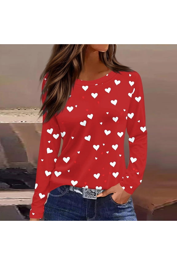 Hearts Work Tops Casual Valentine Shirts Pullover Long Sleeve Crew Neck Work Blouses
