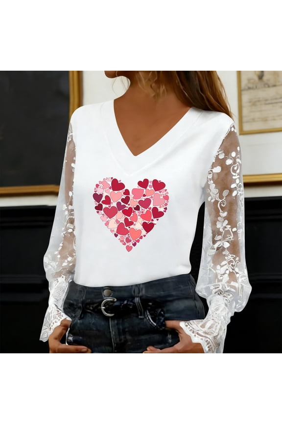 Lace Dressy Tops for Women Heart Valentine Blouses Long Sleeve V-Neck Pullover Tops for Women 2026