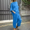 thumbnail image 1 of Muscularfit Linen Set Women Matching Sets Palazzo Plus Size Sets Set Blue 3/4 Sleeve Taper Crew Neck Full Length Womens Short Sets 2 Piece Outfits,XXXXL, 1 of 8