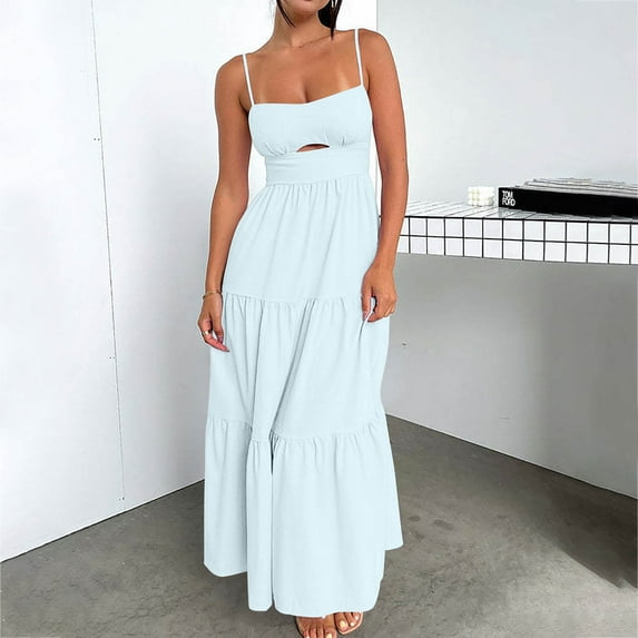 Muscularfit Loose Womens Summer Dresses 2024 Casual Floral Tiered Maxi Blue Crew Neck Fashion Sleeveless Beach Dress