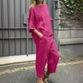 thumbnail image 1 of Muscularfit Matching Sets Plus Size Sets Linen Set Women Palazzo Sets 3/4 Sleeve Full Length Pink Taper Crew Neck Outfit Sets for Women,L, 1 of 8