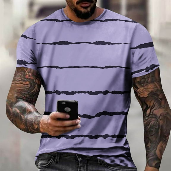 Muscularfit Mens Shirts Trendy Casual Short Sleeve Purple Striped Crew Neck T Shirt Mens Tops Casual Stylish