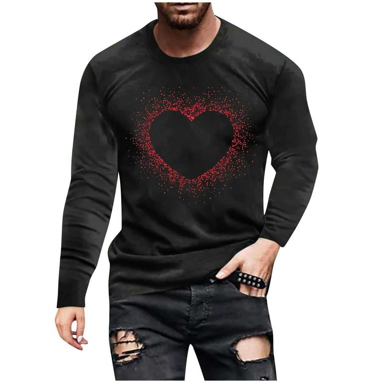 Muscularfit Mens Shirts Long Sleeve Black Love Heart Crew Neck T 
