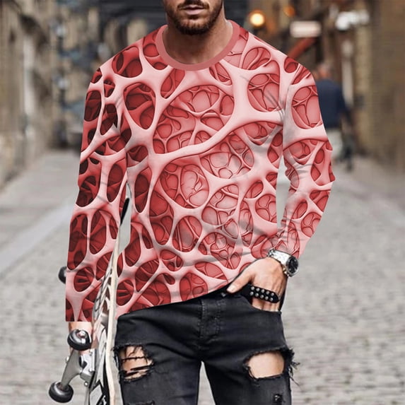 Muscularfit Mens Shirts Red Long Sleeve Graphic Pullover Crew Neck T Shirt Tops for Men 2024 Trendy