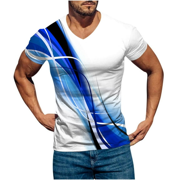 Muscularfit Mens T-Shirts Trendy Casual Short Sleeve Blue V-Neck Graphic Fitness T Shirt Mens Tops Trendy