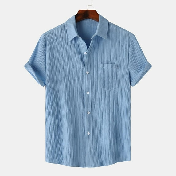 Muscularfit Mens Tops Casual Stylish Short Sleeve Blue Solid Collared Hawaiian Casual Button Down Shirts Summer Shirts for Men