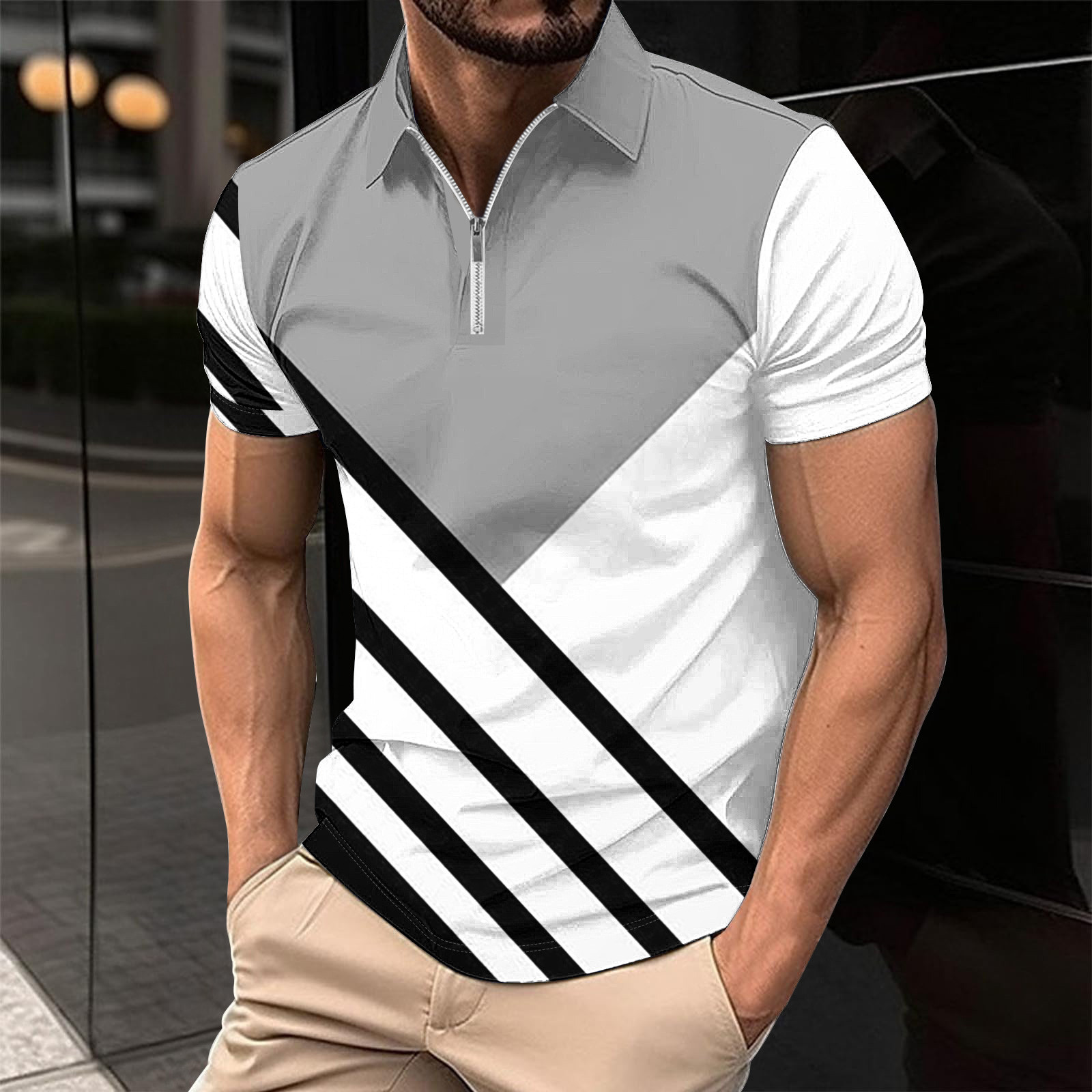 Muscularfit Mens Tops Casual Stylish Short Sleeve Gray 1/4 Zip Collared ...