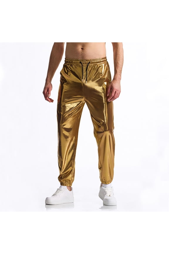 Night Club Mens Work Pants Gold Satin Streetwear Boyfriend Ankle Cuffed Slim Elastic Waist Pants Men,XL