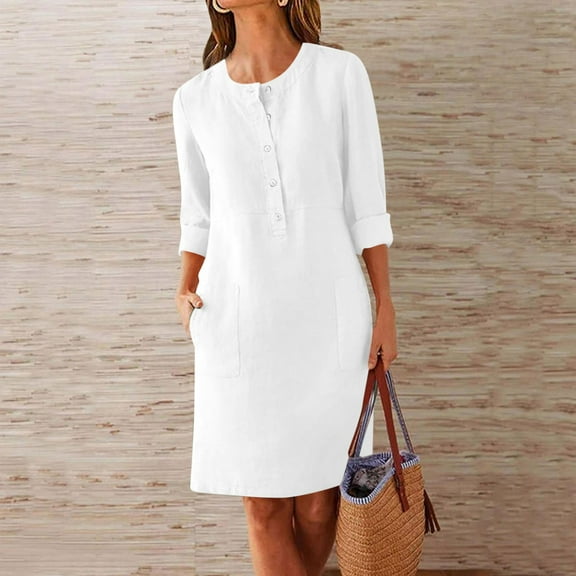 Muscularfit Office Women's Winter Dresses 2026 Button Shirt Dress Crew Neck Elbow-Length Midi Womens Casual Dresses