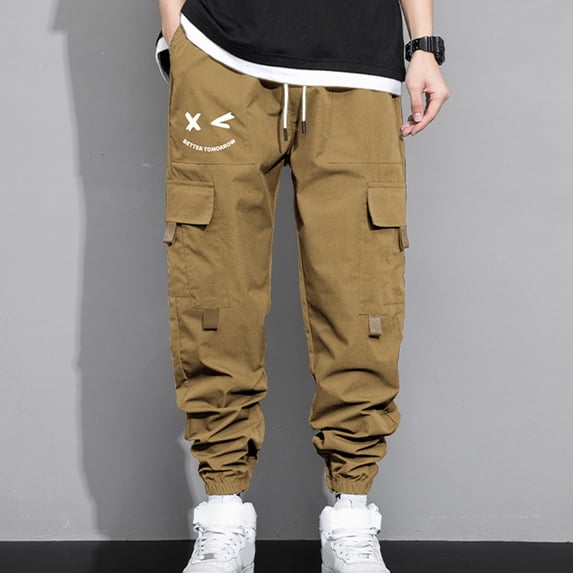 Muscularfit Outdoor Casual Pants for Men Drawstring Cargo Joggers Sports Pants Mens Pants Taper Brown Low Rise Active Fit Size M