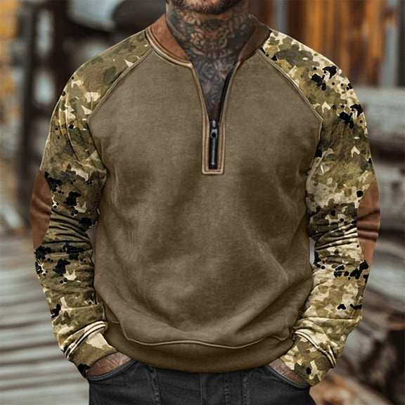 Muscularfit Oversized Polo Shirts Zip Camo Long Sleeve Men Shirts T-Shirt Collared Pullover Big & Tall Plus Size Shirts,XXXL