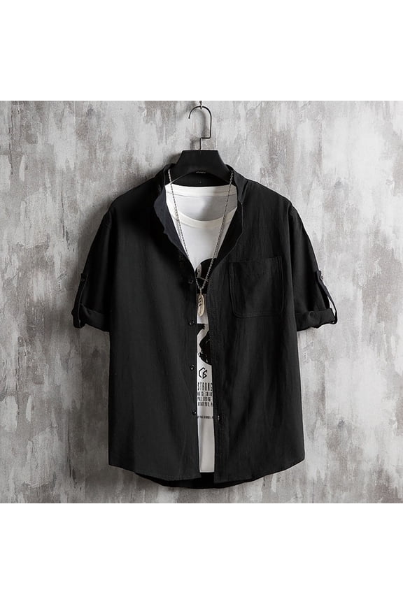 Oversized T Shirts for Man Guide Beach Shirt Linen Shirts T Shirt Mock Neck Button Up Shirt Short Sleeve Black Summer Shirt,XL
