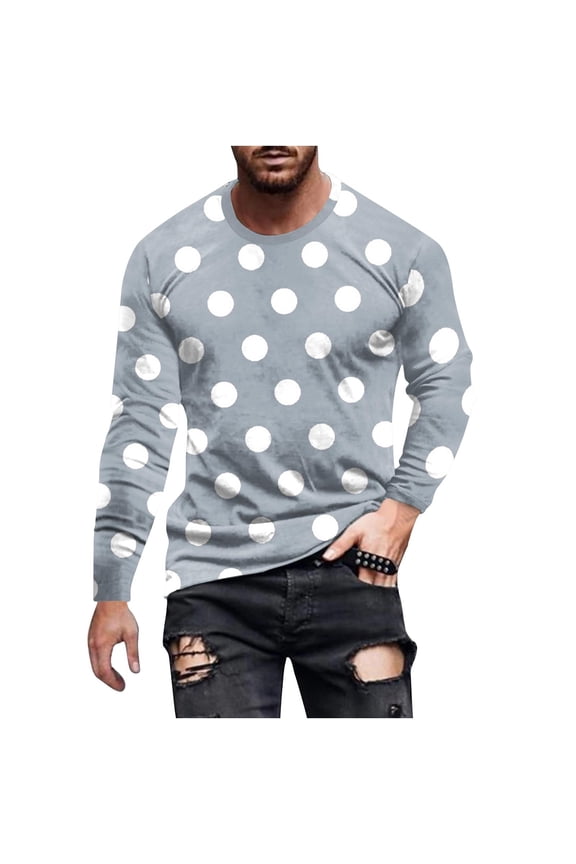 Oversized Tops Long Sleeve Gray Graphic Work Shirts Pullover Crew Neck Polka Dot Mens Shirts Casual Stylish,S