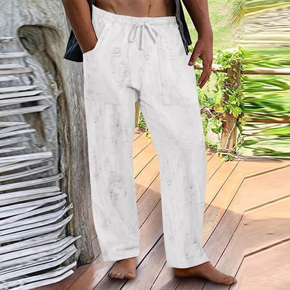 Muscularfit Palazzo Mens Pants Active Fit Drawstring Active Athletic Casual Gym Pants with Pockets Trousers Straight-Leg Mens Sweatpants Low Rise White Size XXL