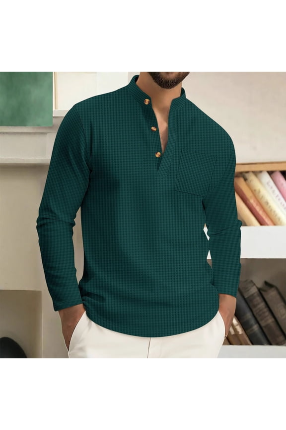 Plain Shirt Pocket Waffle Green Dress Shirt Men Big & Tall Long Sleeve Henley Pullover Men T Shirts,XXXL