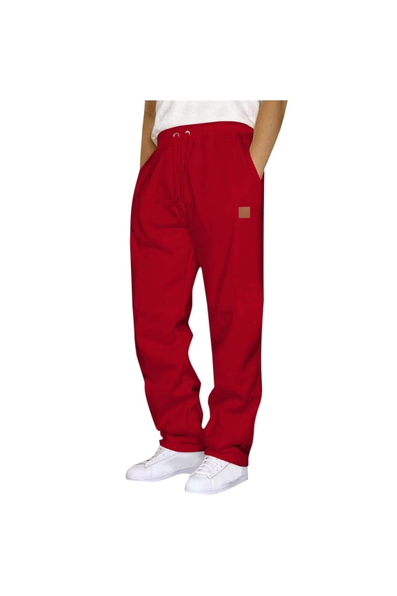 Plain Trousers Men Sport Red Slacks High Waisted Full Straight-Leg Joggers Loose Tech Pants,XXL