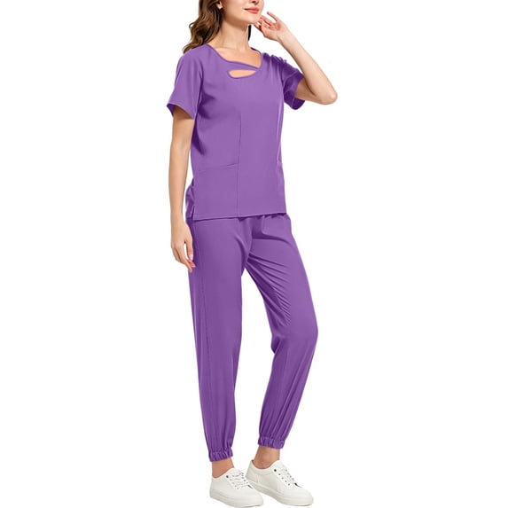 Muscularfit Pleated Matching Set Summer Shirt Scrubs for Women Set Work Sets Sets Purple Short Sleeve Crew Neck Women Sets