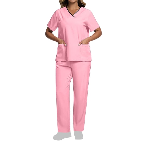 Muscularfit Pleated Summer Two Piece Sets Womens Scrubs Set Shirt Work Sets Set Short Sleeve V-Neck Pink Sets for Women