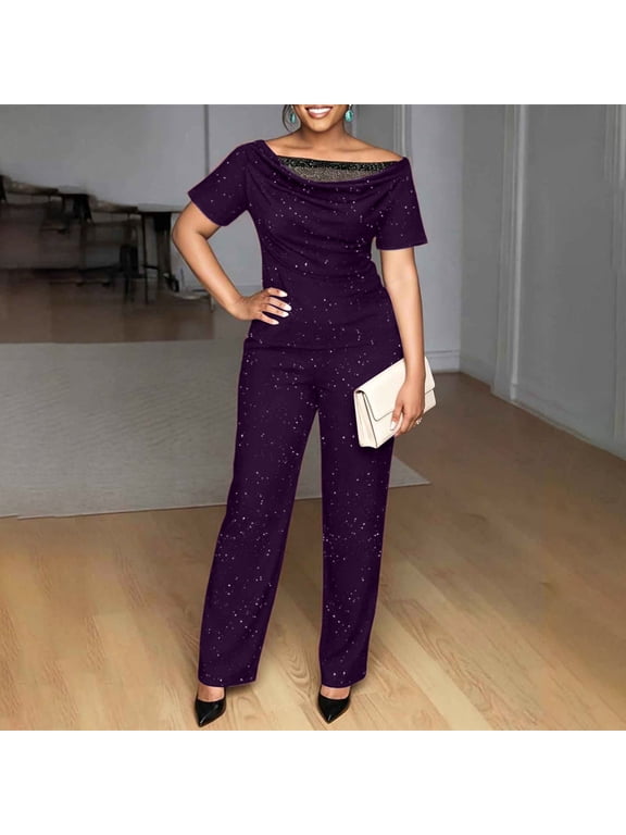 Pleated Womens Matching Set Sequin Set Plus Size Sets Set Full Length Slim Straight Boat Neck Short Sleeve Purple Sets for Women,S