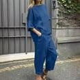 thumbnail image 1 of Muscularfit Plus Size Sets Matching Set Women Linen Set Women Palazzo Set Blue 3/4 Sleeve Crew Neck Full Length Taper Womens Short Sets 2 Piece Outfits,XXXXL, 1 of 8