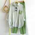 thumbnail image 1 of Muscularfit Plus Size Sets Women 2 Piece Outfits Sets Chinos Raglan Striped Set Set Collared Green Full Length Wide-Leg Long Sleeve Sets for Women,L, 1 of 4