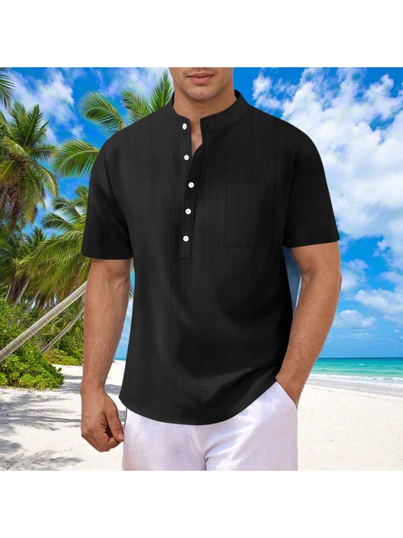 Pocket T Shirts T Shirts for Men Baggy Pullover Button Down Undershirt Henley Short Sleeve Black Mens Summer Shirts,M