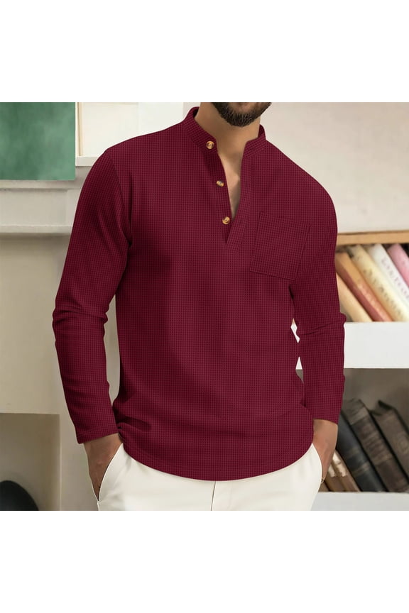 Pocket Tshirts Waffle Plain Red Going Out Tops Henley Pullover Long Sleeve Men Undershirts,XXL