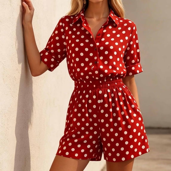 Muscularfit Polka Dot Set 2 Piece Sets for Women Going Out Cut-off Travel Sets Set Collared Red Short Sleeve Womens Short Sets 2 Piece Outfits,XXL