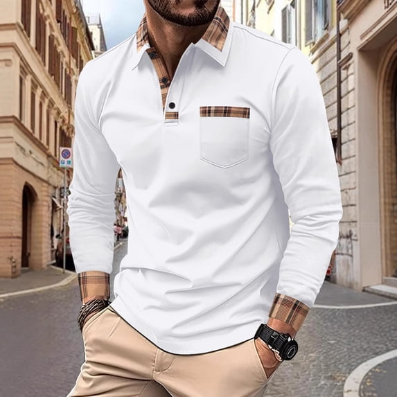 Muscularfit Polo Shirt T Shirts for Man Pocket T Shirts Baggy Muscle Undershirt Long Sleeve White Collared Tee Shirts,M
