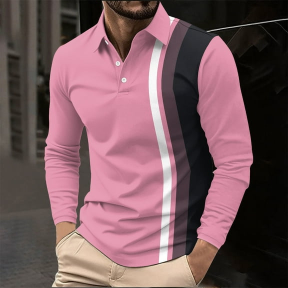 Muscularfit Polo Shirts Striped Pink Polyester Oversized Christmas Shirts Collared Long Sleeve Tops Running Shirts for Men,XXL