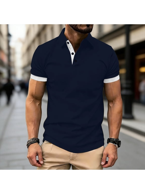 Polo Shirts T Shirt Men Ringer Oversized Button Down Tees Blue Collared Short Sleeve Mens Shirts Casual,S