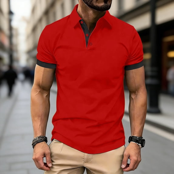Muscularfit Polo Shirts T Shirt Men Ringer Oversized Button Down Undershirt Collared Short Sleeve Red Tee Shirts,L