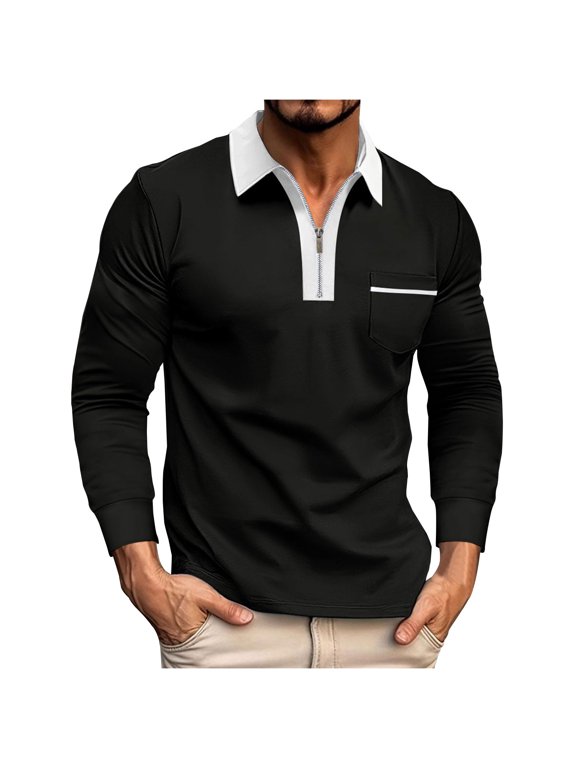Polo Shirts for Men Pocket Plain Clear Zip T Shirts T-Shirt Pullover Collared Long Sleeve Christmas Shirts,M