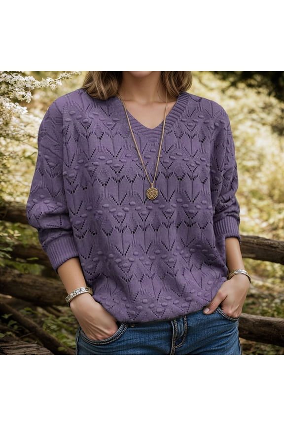 Pull-On Womens Sweaters Crochet Sweater Intarsia Raglan Waffle Knit Tops V-Neck Long Sleeve Purple Knit Sweater M
