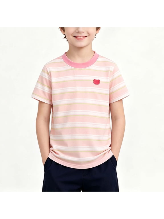 Pullover Boys Shirts Relaxed Fit Birthday Boy Shirt Adaptable Boys Cotton Graphic Tee Shirts Crew Neck Short Sleeve Elastic Classic T-Shirt Pink Toddler Shirts,2-3 Years