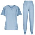 thumbnail image 1 of Muscularfit Pullover Summer Matching Set Scrubs Comfy Pleated Work Sets Set Short Sleeve Blue Shirt V-Neck Women Outfits Sets, 1 of 5