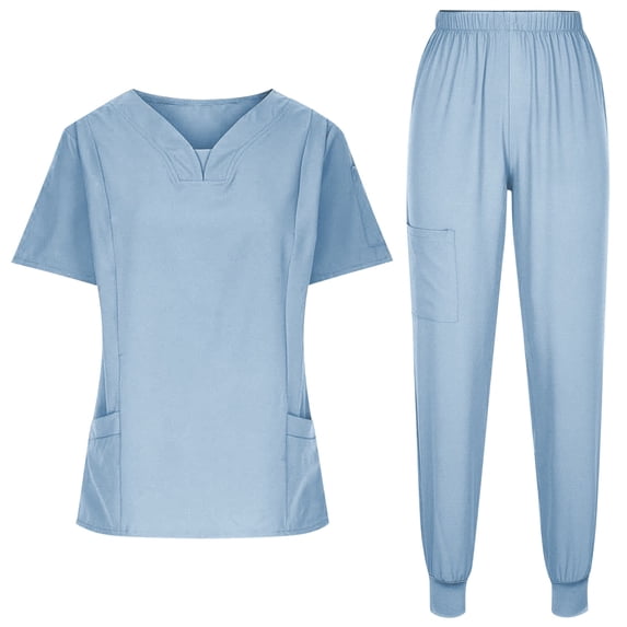 Muscularfit Pullover Summer Matching Set Scrubs Comfy Pleated Work Sets Set Short Sleeve Blue Shirt V-Neck Women Outfits Sets