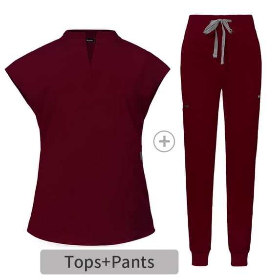 Muscularfit Raglan 2piece Set Outfit for Women Comfy Work Scrubs Set Pleated Red Mock Neck Short Sleeve Women's Clothing Sets